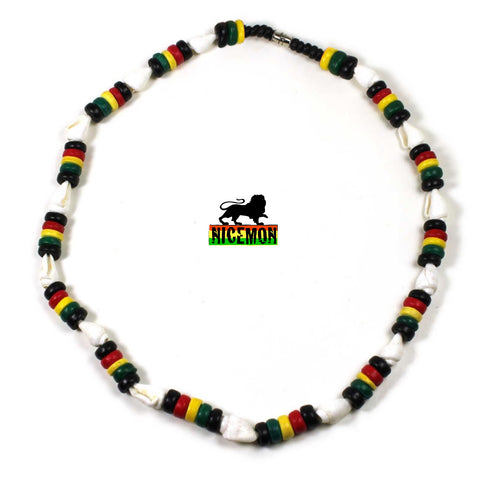 Rasta White Nasa Shell w/Rasta Coco Beads Reggae Necklace Marley Reggae 18"