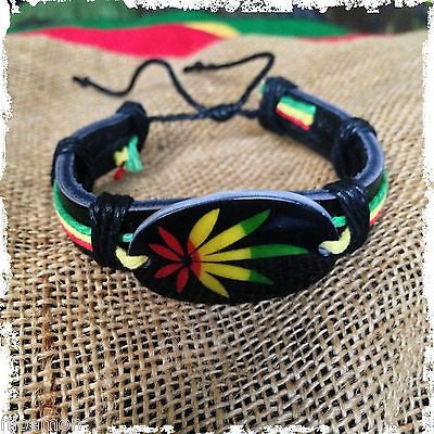 Rasta Leather Wrist Cuff Canna Weed Leaf Emblem Wrist Bracelet Bob Reggae IRIE