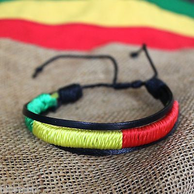 Rasta Leather Wrist Bracelet Threaded Cuff  Hawaii Surfer Irie Reggae Marley RGY
