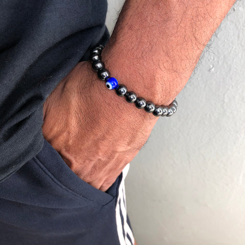 Hematite Stretch Ball Bracelet Evil Eye Protection Hippie Hobo 4mm / 5mm 1SZ