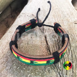 Rasta Black Leather Wrist Cuff Canna Leaf Emblem Wrist Bracelet Bob Reggae IRIE