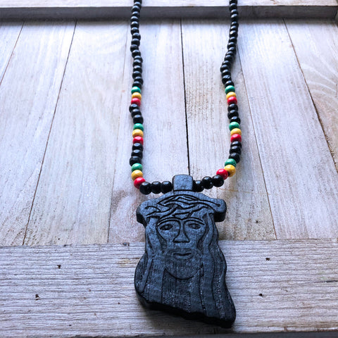 Jesus Christ Yeshua Messiah Wood Necklace Pendant w/Rasta Colors Irie Jesus 38"
