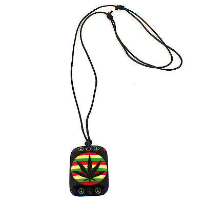 Black Cord Necklace Reggae Vibes Dog Tag Canna Rasta Weed Leaf Pendant 1SZ FIt