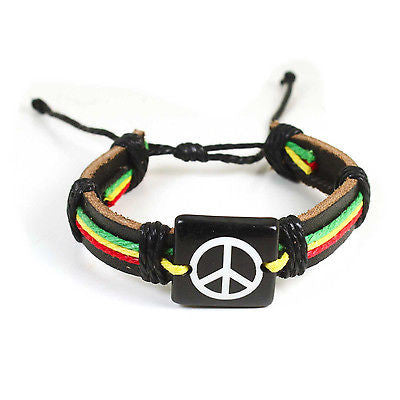 Rasta Leather Wrist Cuff Peace Sign Emblem Wrist Bracelet Hippie Bob Reggae IRIE