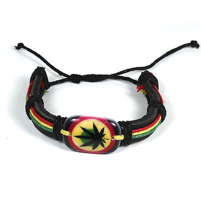 Rasta Leather Wrist Cuff Jamaica One Love Ganja Leaf Bracelet Hippie Reggae IRIE